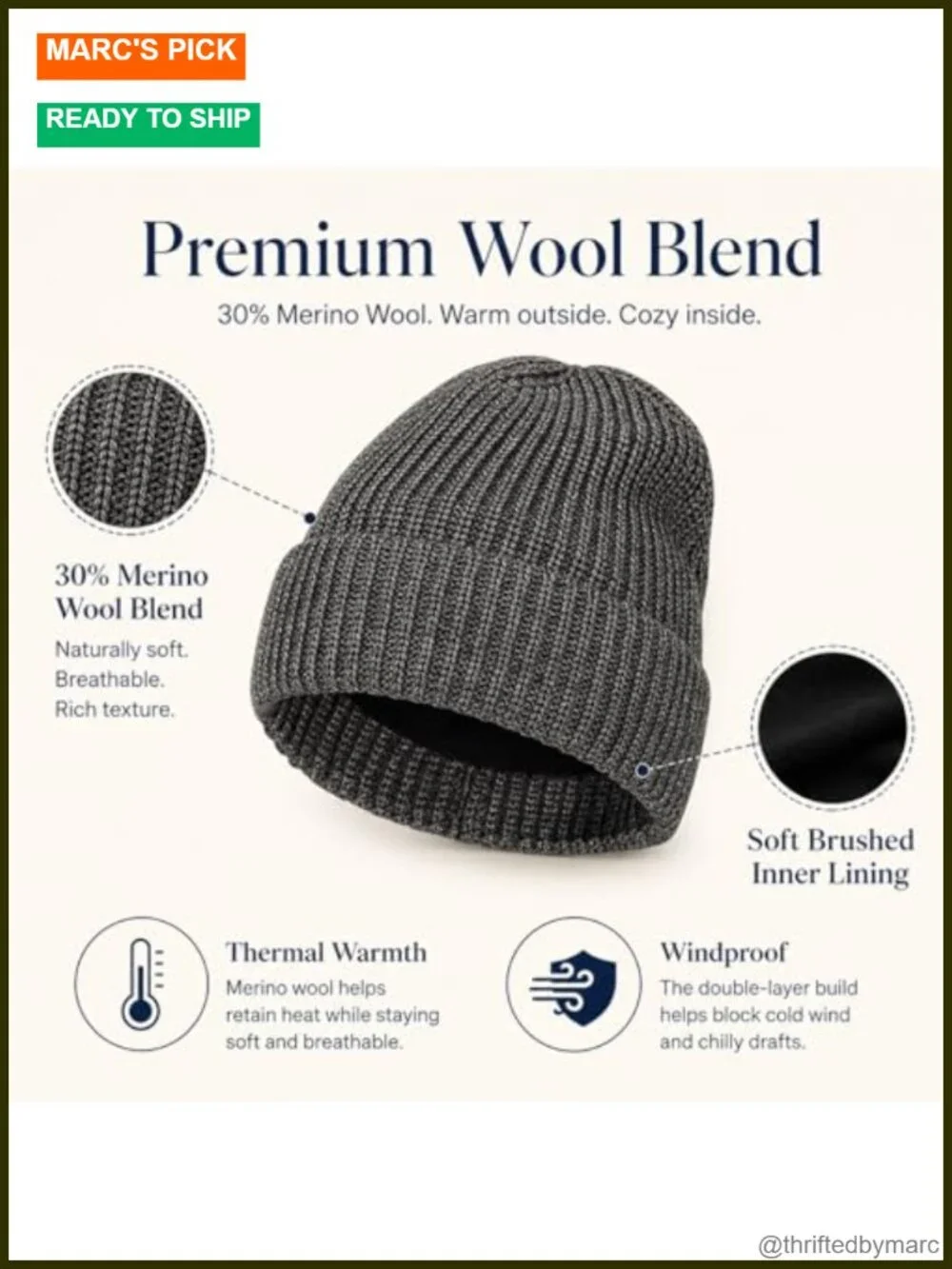 Wool Blend Chunky Knit Beanie, Stretchable Skull Cap Winter Hat